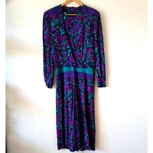 Vintage Patty O'Neil Purple And Green Floral Dress With Suede Accents